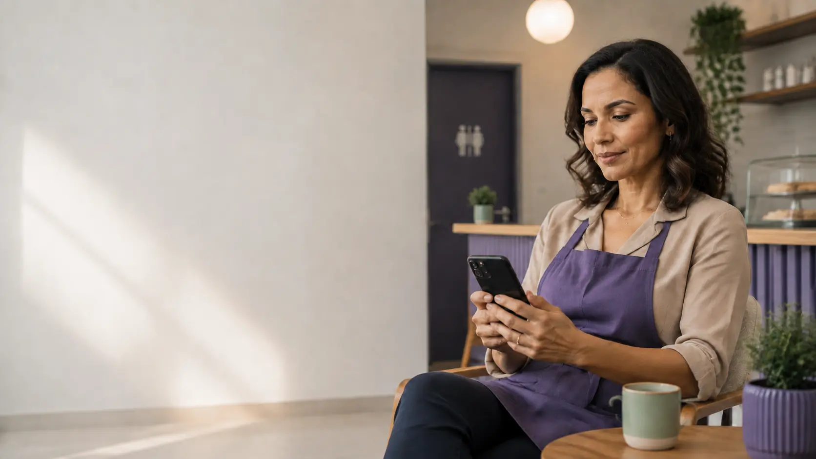 Dona de cafeteria sentada, usando o aplicativo Guentaí no celular