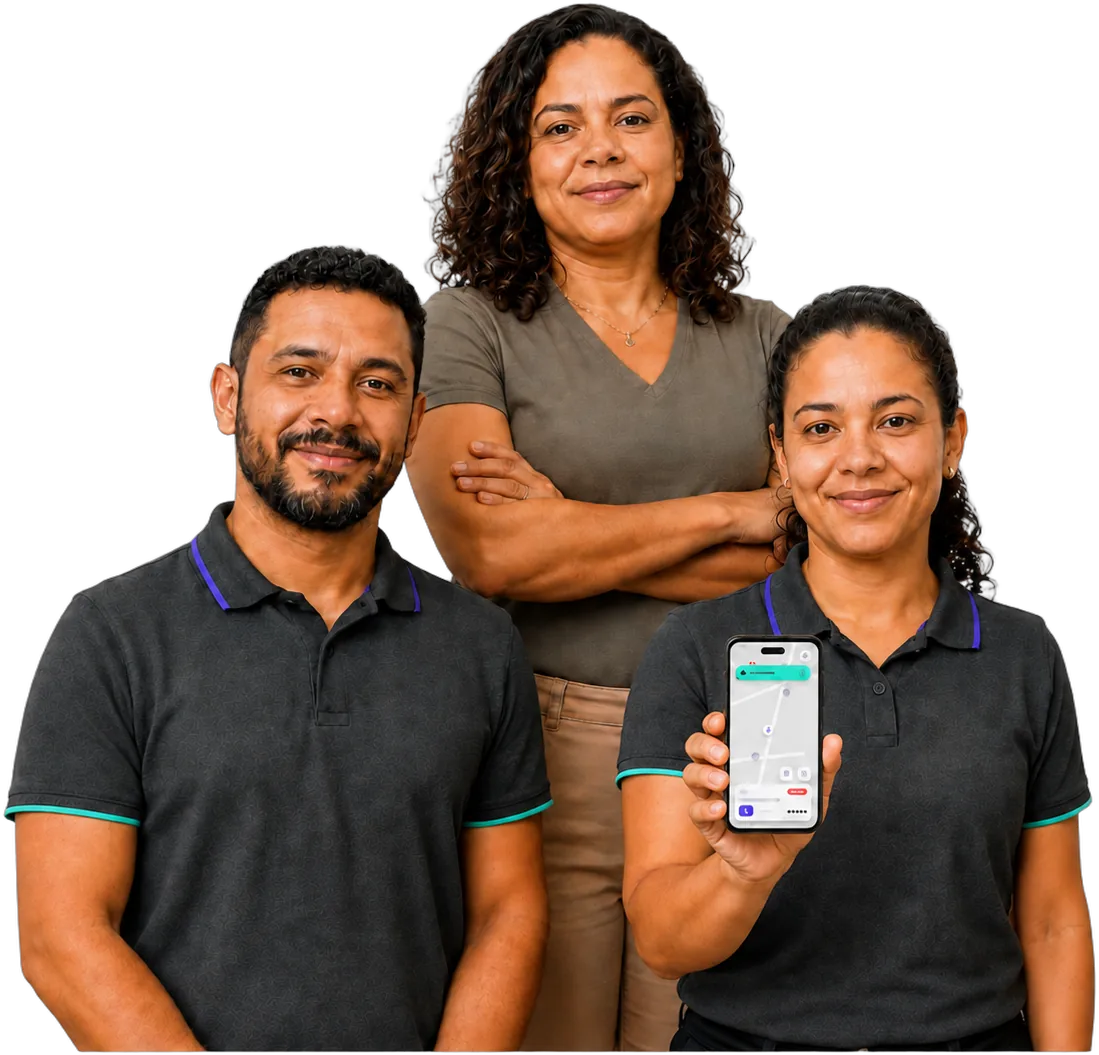 Equipe corporativa uniformizada com o mapa de banheiros do aplicativo Guentaí na mão