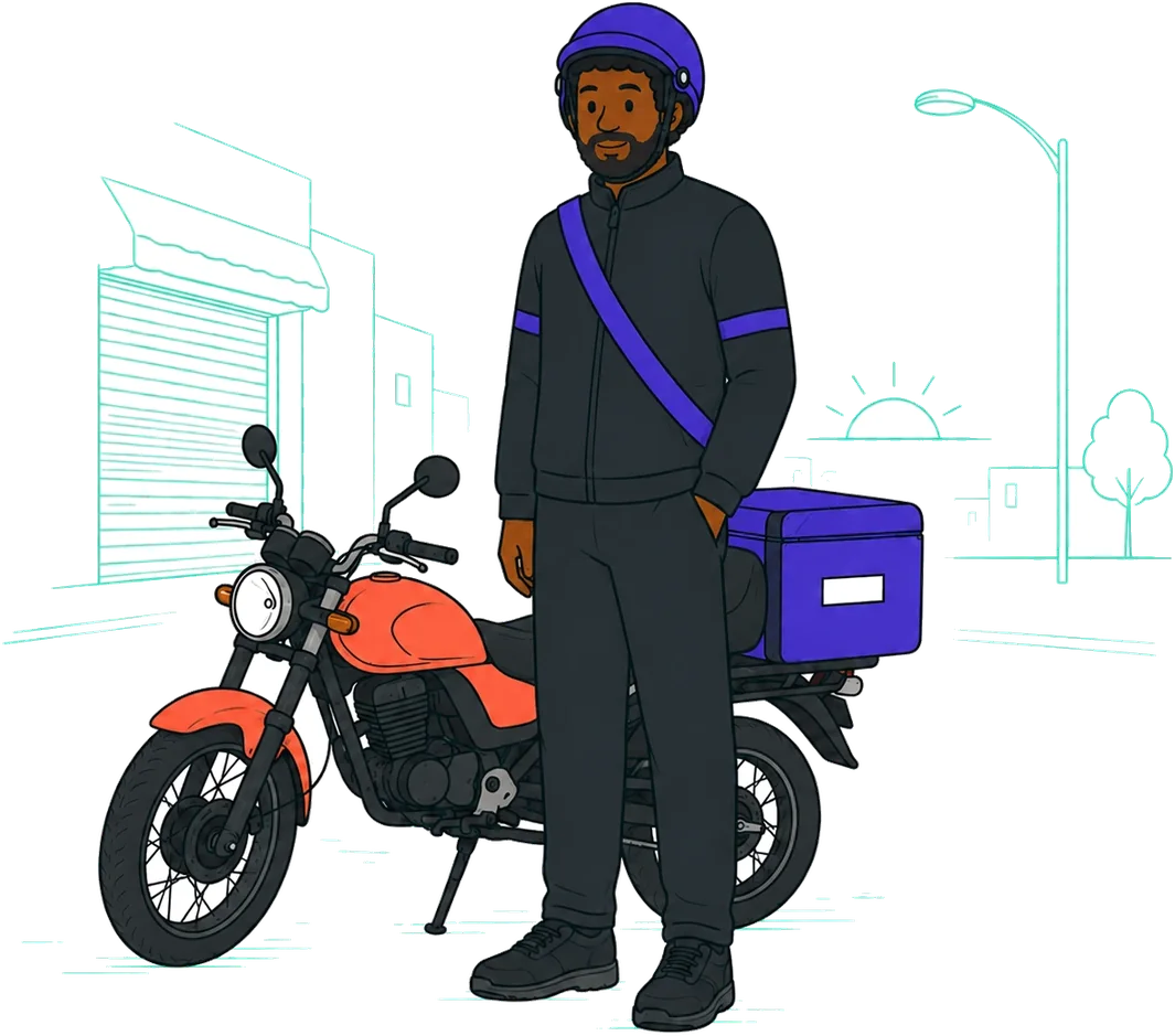 Alberto em pé ao lado da moto de entrega, na rua