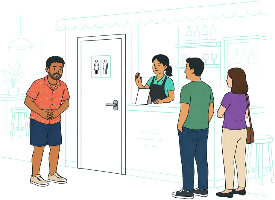 Rubens sem conseguir usar o banheiro de um estabelecimento